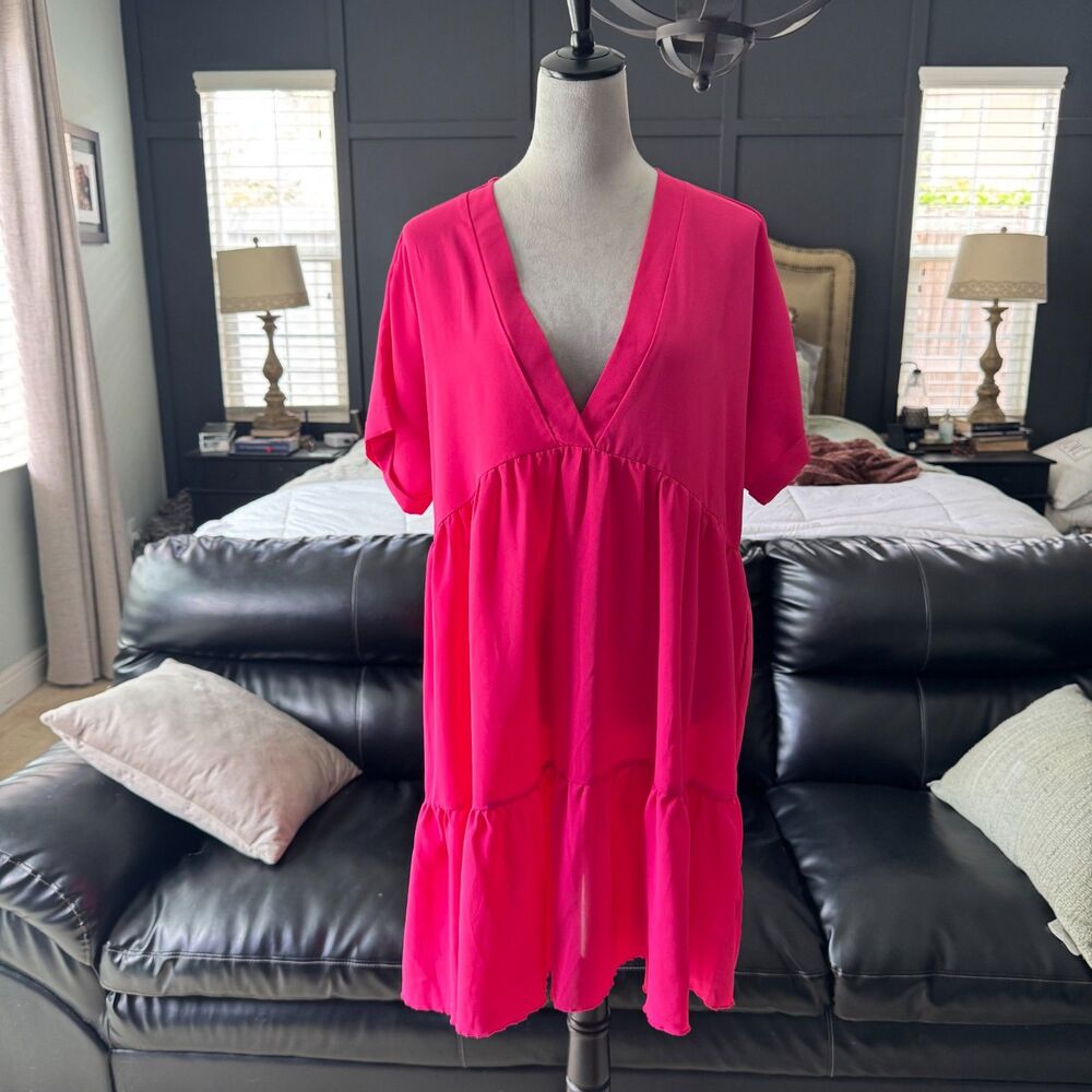 Hot Pink Babydoll Dress Women’s Large V-Neck Tiered Flowy Mini Short Sleeve